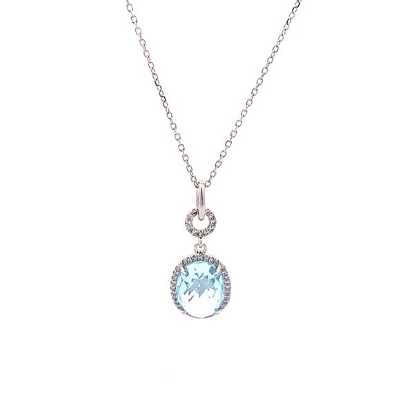 14K White Gold Blue Topaz and Diamond Halo Necklace Gray's Jewelers Bespoke Saint James, NY