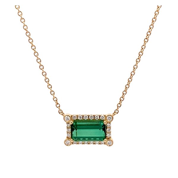 14K Yellow Gold Green Tourmaline and Diamond Halo Necklace Gray's Jewelers Bespoke Saint James, NY