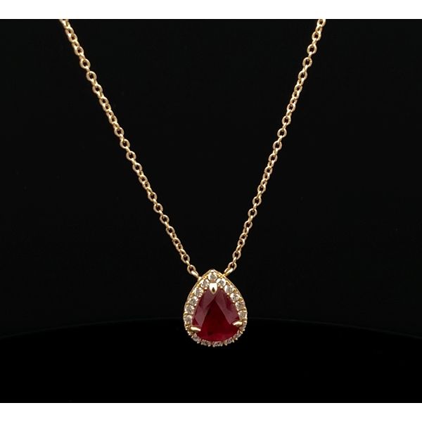 18K Yellow Gold Pear Shape Ruby with Diamond Halo Necklace Gray's Jewelers Bespoke Saint James, NY