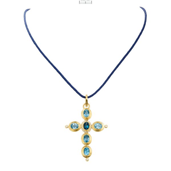 14K Yellow Gold Cross with Oval Sky Blue Topaz, London Blue Topaz and Diamonds Gray's Jewelers Bespoke Saint James, NY