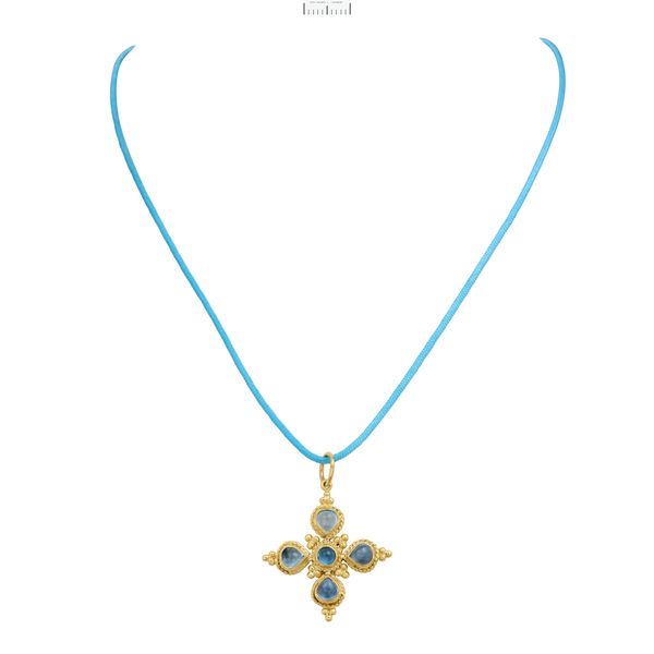 14K Yellow Gold Blue Topaz Cabochon Heart Shape Cross Pendant Gray's Jewelers Bespoke Saint James, NY