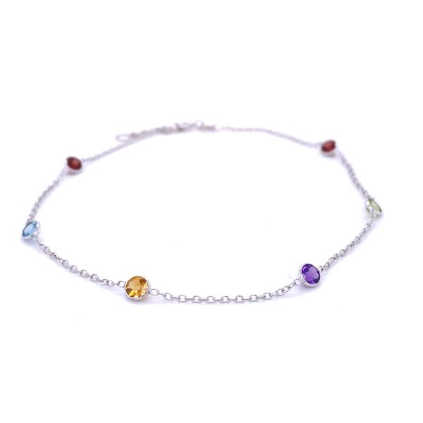 14K White Gold Ankle Bracelet W/Multi Colored Genuine Stones 9-10