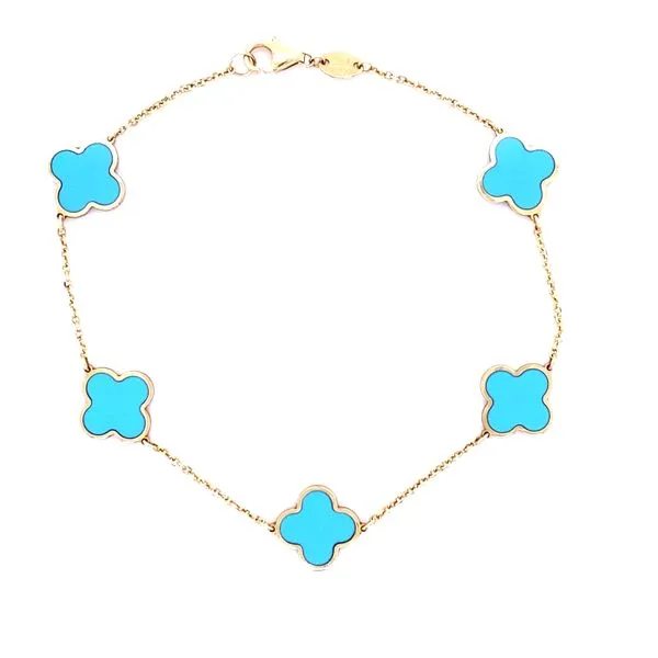 14k Yellow Gold Turquoise Clover Bracelet 7
