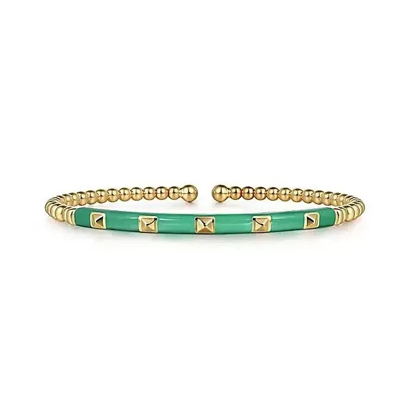 14K Yellow Gold Bujukan Beads and Pyramid Split Bangle with Green Enamel Gray's Jewelers Bespoke Saint James, NY