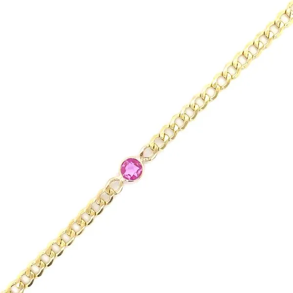 14K Yellow Gold Curb Chain With Lab Grown Round Pink Sapphire Bracelet Gray's Jewelers Bespoke Saint James, NY