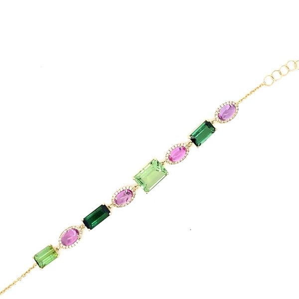 14K Yellow Gold WatermelonTourmaline Colors and Diamond Bracelet Gray's Jewelers Bespoke Saint James, NY