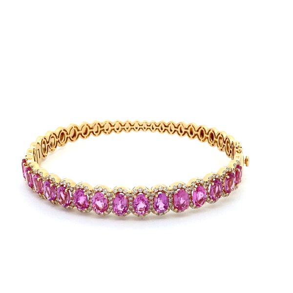 14K Yellow Gold Oval Pink Sapphire and Diamond Halo Bangle Bracelet Gray's Jewelers Bespoke Saint James, NY
