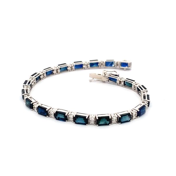 14K White Gold Emerald Cut Sapphire and Round Diamond Bracelet Image 2 Gray's Jewelers Bespoke Saint James, NY
