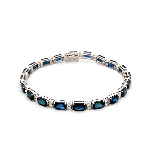 14K White Gold Emerald Cut Sapphire and Round Diamond Bracelet Gray's Jewelers Bespoke Saint James, NY