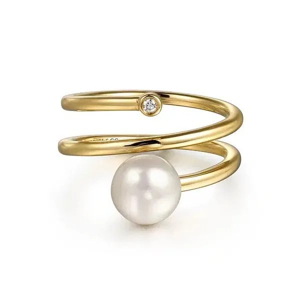 14K Yellow Gold Diamond and Pearl Bypass Ring Gray's Jewelers Bespoke Saint James, NY