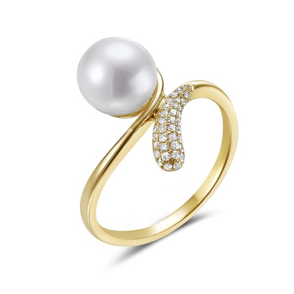14K Yellow Gold Freshwater Pearl and Diamond Bypass Ring Gray's Jewelers Bespoke Saint James, NY