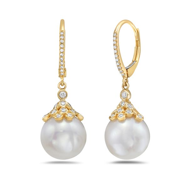14K Yellow Gold Pearl and Diamond Earrings Gray's Jewelers Bespoke Saint James, NY