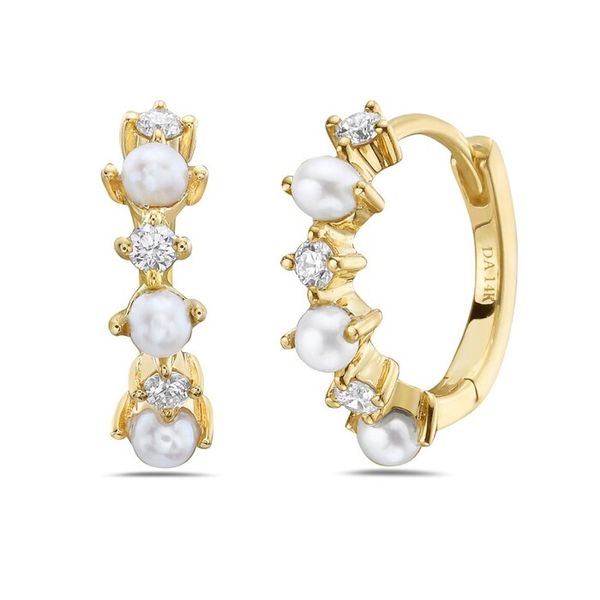14K Yellow Gold Freshwater Pearl and Diamond Huggie Earrings Gray's Jewelers Bespoke Saint James, NY