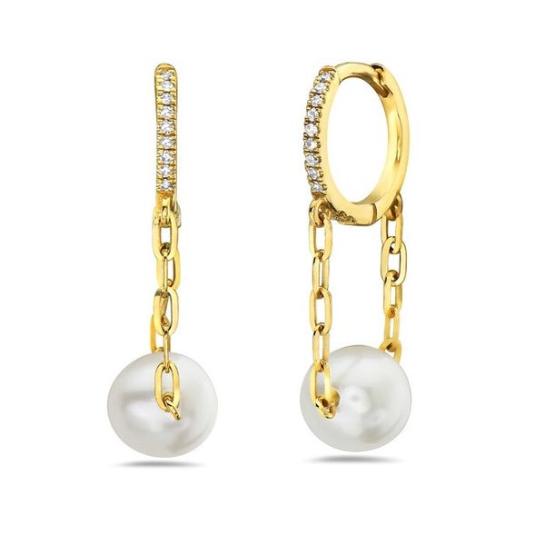 14K Yellow Gold Diamond Huggie with Hanging Pearl Gray's Jewelers Bespoke Saint James, NY