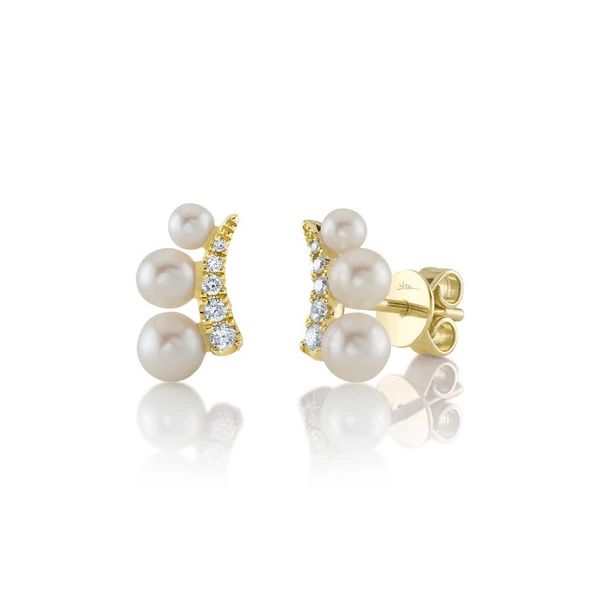 14K Yellow Gold Diamond & Cultured Pearl Stud Earring Gray's Jewelers Bespoke Saint James, NY