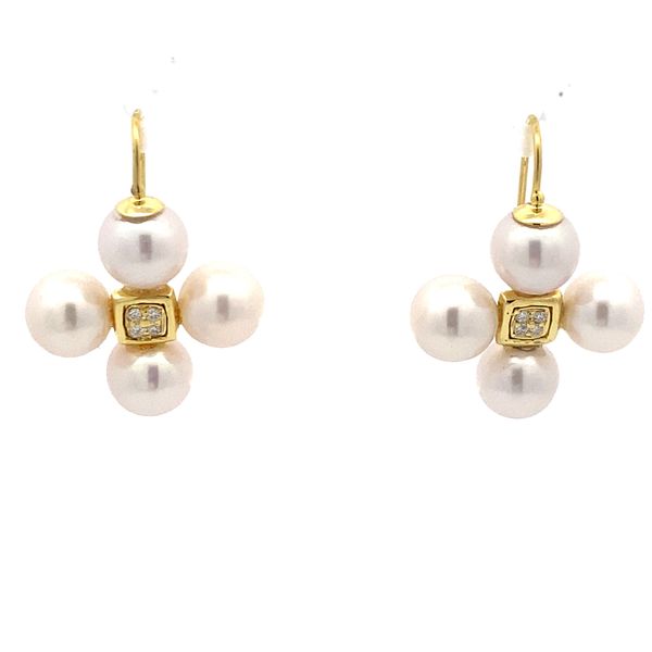 14K Yellow Gold Pearl and Diamond Drop Wire Earrings Gray's Jewelers Bespoke Saint James, NY