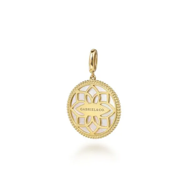 14K Yellow Gold Bujukan Diamond and Mother of Pearl Medallion Pendant Image 2 Gray's Jewelers Bespoke Saint James, NY