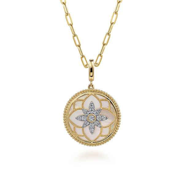 14K Yellow Gold Bujukan Diamond and Mother of Pearl Medallion Pendant Image 3 Gray's Jewelers Bespoke Saint James, NY