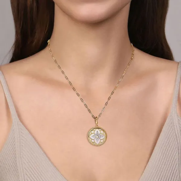 14K Yellow Gold Bujukan Diamond and Mother of Pearl Medallion Pendant Image 4 Gray's Jewelers Bespoke Saint James, NY