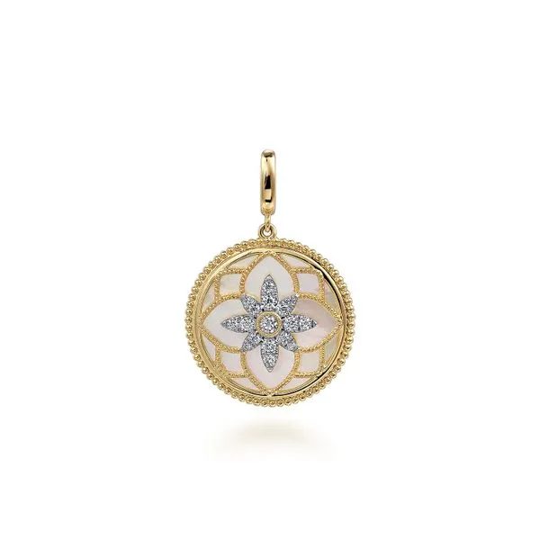 14K Yellow Gold Bujukan Diamond and Mother of Pearl Medallion Pendant Gray's Jewelers Bespoke Saint James, NY