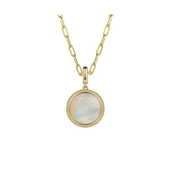14K Yellow Gold Round Mother of Pearl Inlay Pendant Image 2 Gray's Jewelers Bespoke Saint James, NY