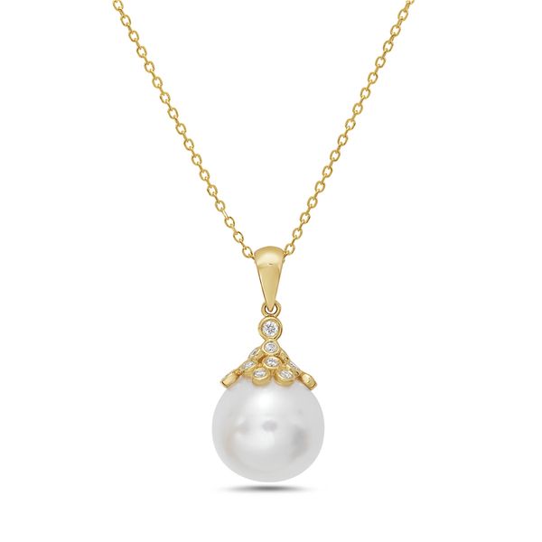 14K Yellow Gold Pearl and Diamond Pendant Gray's Jewelers Bespoke Saint James, NY