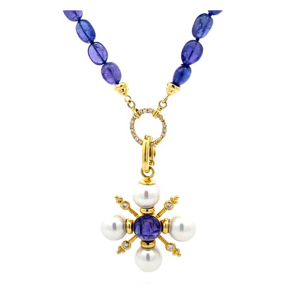 14K Yellow Gold Cabochon Tanzanite, Pearl and Diamond Pendant Gray's Jewelers Bespoke Saint James, NY