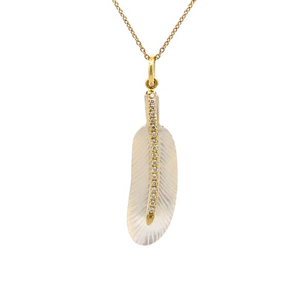 14K Yellow Gold Mother of Pearl and Diamond Feather Pendant Gray's Jewelers Bespoke Saint James, NY