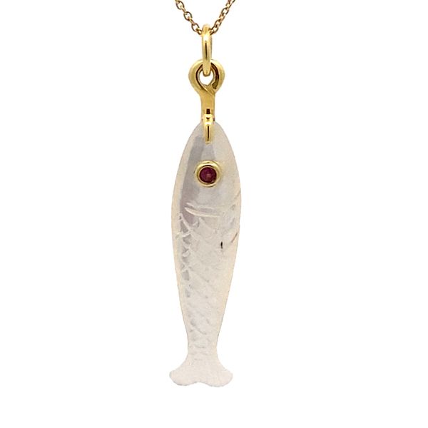14K Yellow Gold Mother of Pearl Fish with Ruby Eye Pendant Gray's Jewelers Bespoke Saint James, NY