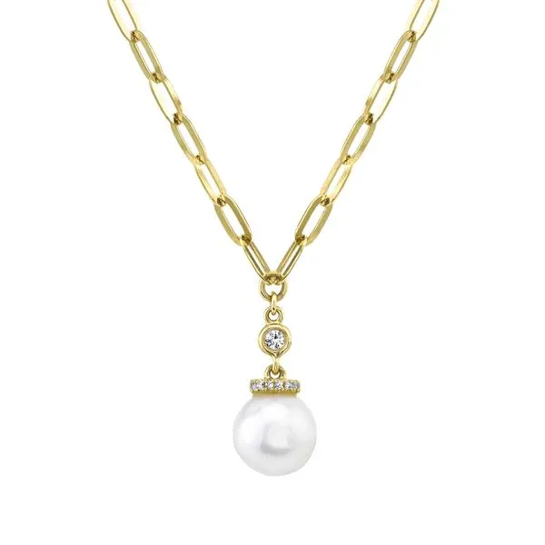 14K YELLOW GOLD DIAMOND & CULTURED PEARL PAPER CLIP LINK NECKLACE Gray's Jewelers Bespoke Saint James, NY