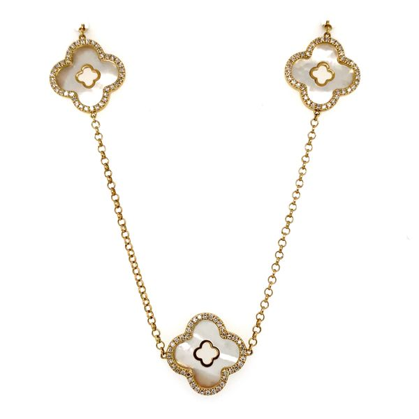 14k Yellow Gold Mother of Pearl and Diamond Cut Out Clover Necklace Gray's Jewelers Bespoke Saint James, NY