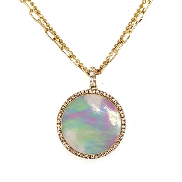 14K Yellow Gold Mother of Pearl and Diamond Circle on Paper Clip Link and Faceted Ball Double Chain Necklace Gray's Jewelers Bespoke Saint James, NY