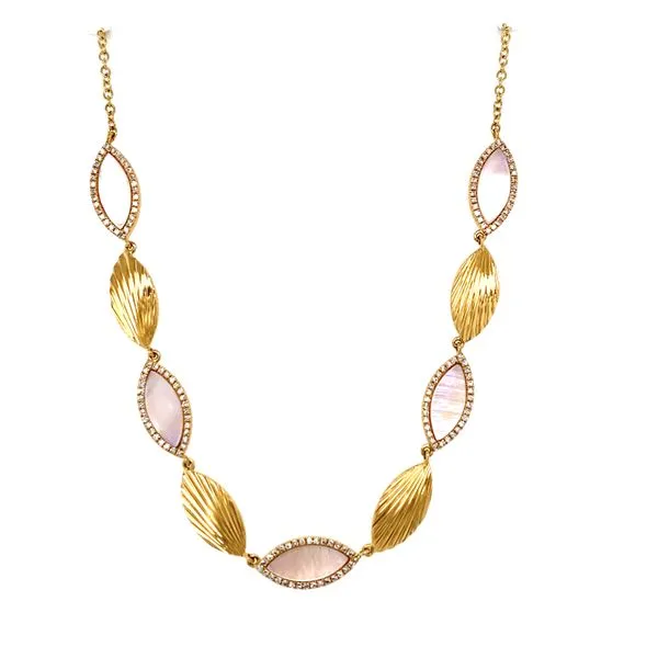 14K Yellow Gold Marquise Shape Mother of Pearl with Diamonds and Fluted Marquise Shape Necklace Gray's Jewelers Bespoke Saint James, NY