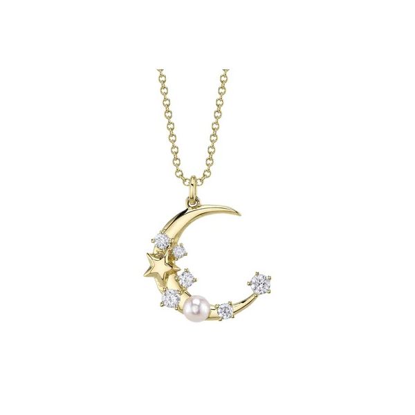 14K Yellow Gold Diamond & Cultured Pearl Crescent Moon & Star Necklace Gray's Jewelers Bespoke Saint James, NY