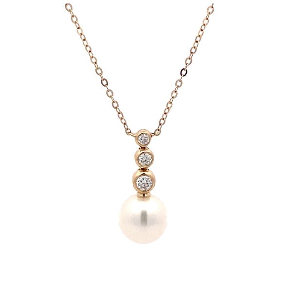 14K Yellow Gold Pearl and Bezel Set Diamond Necklace Gray's Jewelers Bespoke Saint James, NY