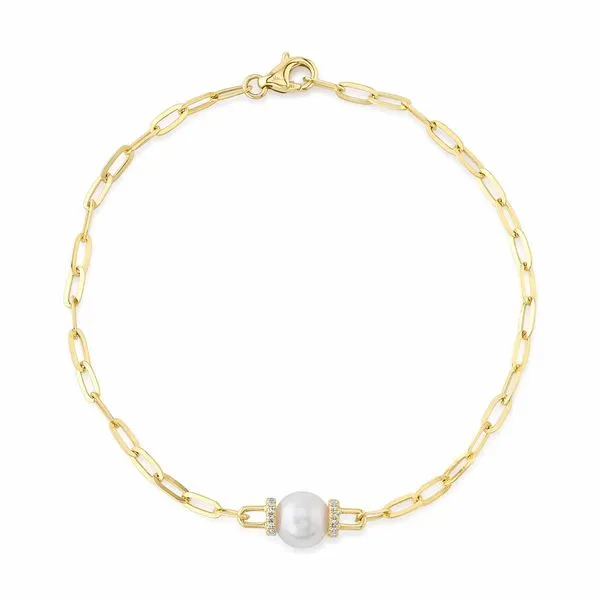 14K YELLOW GOLD DIAMOND & CULTURED PEARL PAPER CLIP LINK BRACELET Gray's Jewelers Bespoke Saint James, NY