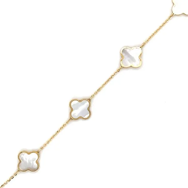 14K Yellow Gold Mother of Pearl Clover Station Bracelet Gray's Jewelers Bespoke Saint James, NY