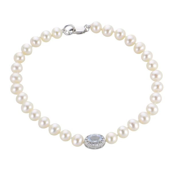 14K White Gold Freshwater Pearl Bracelet With Aquamarine and Diamond Halo Gray's Jewelers Bespoke Saint James, NY