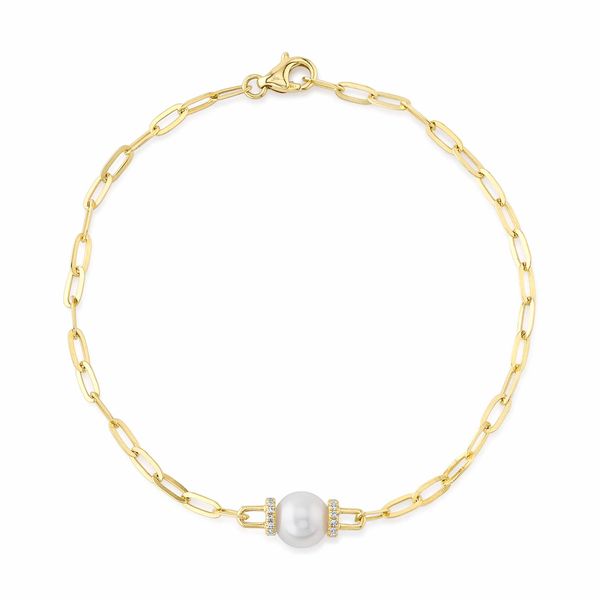 14K Yellow Gold  Diamond & Cultured Pearl Paper Clip Link Bracelet Gray's Jewelers Bespoke Saint James, NY