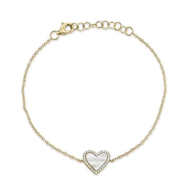 14K Yellow Gold Mother Of Pearl and Diamond Heart Bracelet Gray's Jewelers Bespoke Saint James, NY