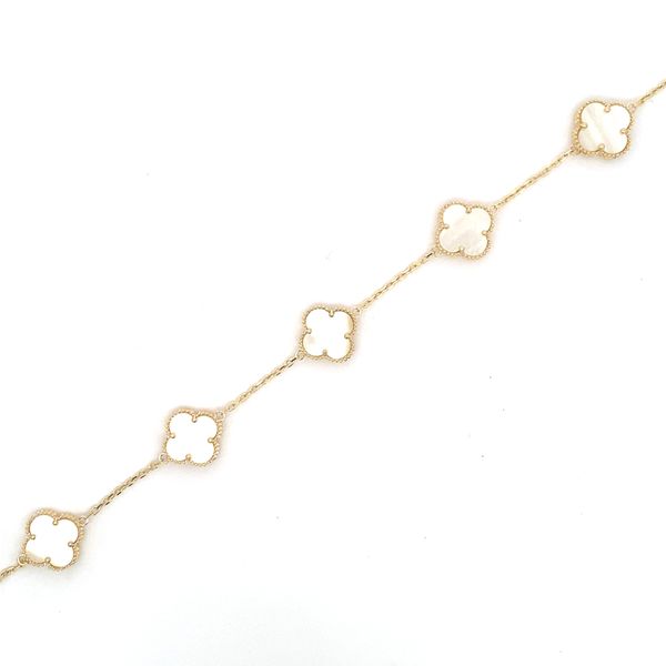 14K Yellow Gold Mother of Pearl Clover Station Bracelet Gray's Jewelers Bespoke Saint James, NY