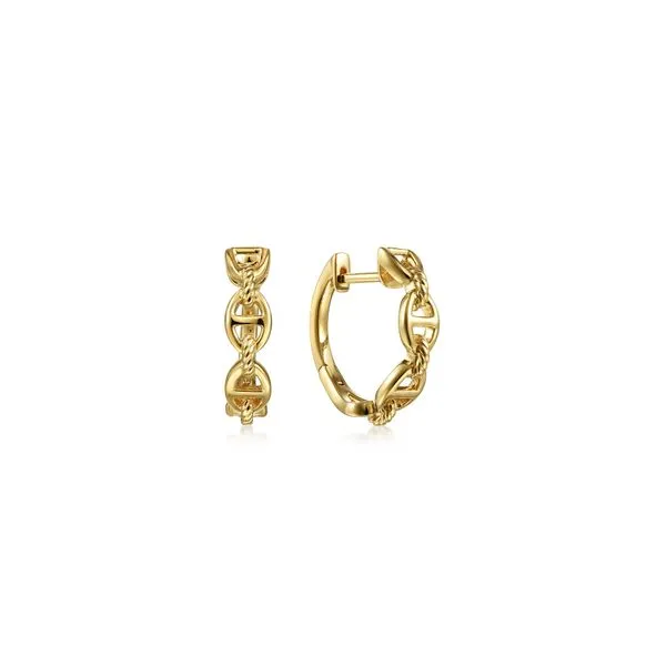 14K Yellow Gold 15mm Chain Pattern Huggie Earrings Gray's Jewelers Bespoke Saint James, NY