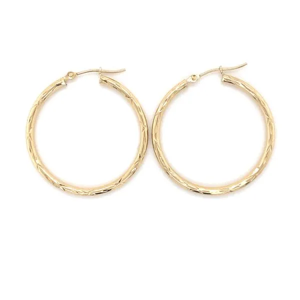 14K Yellow Gold Etched Hoop Earrings Gray's Jewelers Bespoke Saint James, NY