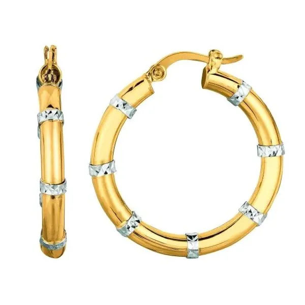 14K Yellow Gold and White Gold Diamond Cut Station Hoop Earring Gray's Jewelers Bespoke Saint James, NY