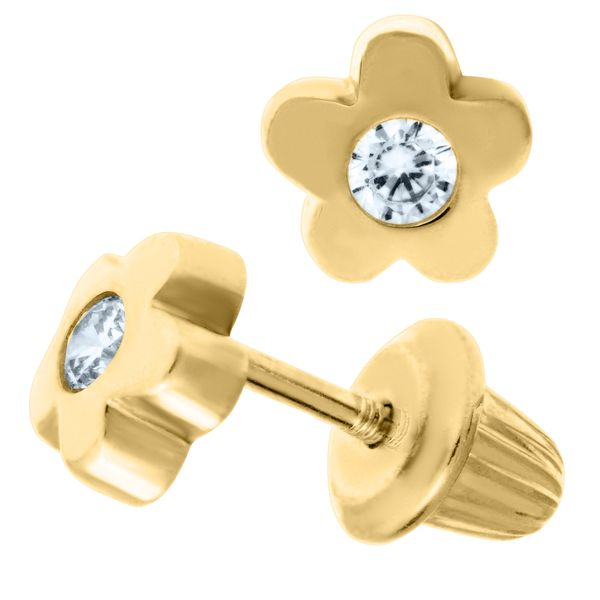 Children's 14k Yellow Gold Flower Earrings With Cubic Zirconia Screw back Gray's Jewelers Bespoke Saint James, NY