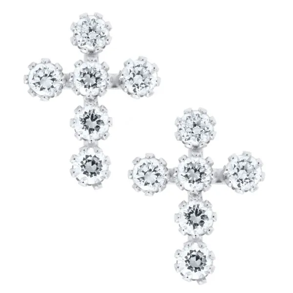 Childrens 14K White Gold Cubic Zirconia Cross Earrings Gray's Jewelers Bespoke Saint James, NY