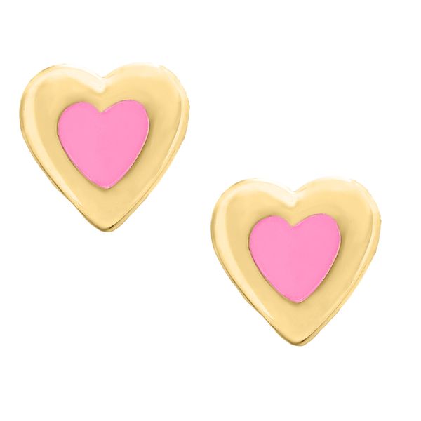 Childrens 14K Yellow Gold Pink Heart Earring Image 2 Gray's Jewelers Bespoke Saint James, NY