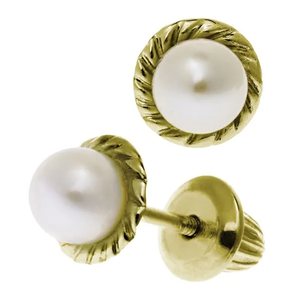 Childrens 14K Yellow Gold Pearl Earrings Image 2 Gray's Jewelers Bespoke Saint James, NY