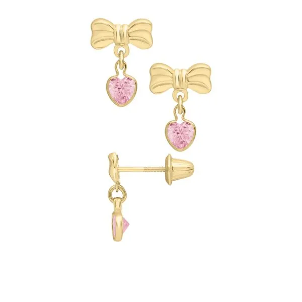 14K Yellow Gold Bow with Pink Cubic Zirconia Heart Earrings Image 2 Gray's Jewelers Bespoke Saint James, NY