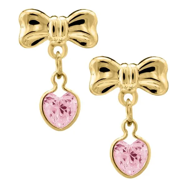 14K Yellow Gold Bow with Pink Cubic Zirconia Heart Earrings Gray's Jewelers Bespoke Saint James, NY